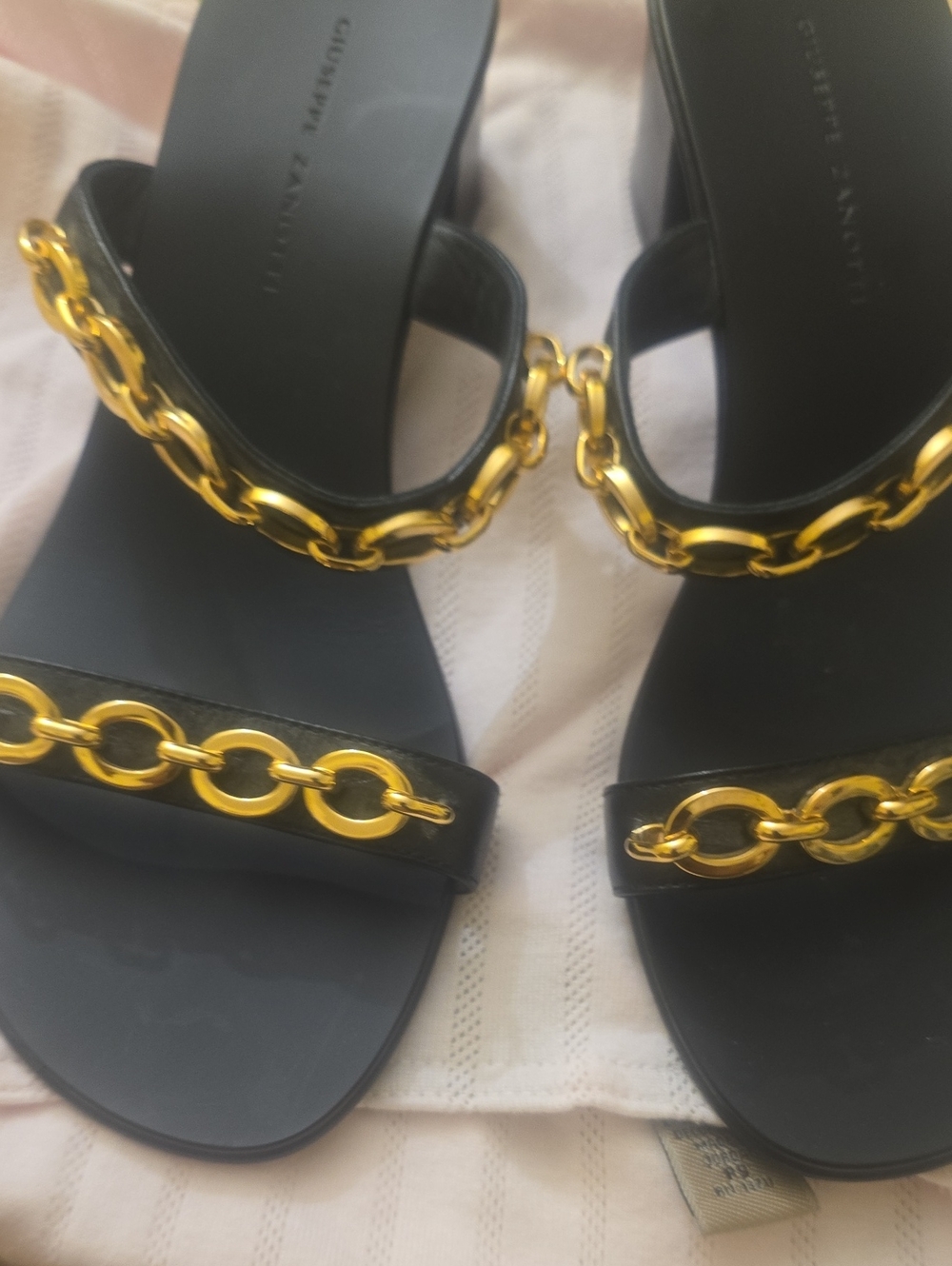 Giuseppe Zanotti Black Sandal Slides with Gold Chain Accent